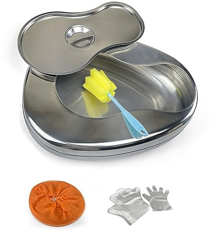 Stainless Steel Bedpan with Cover Strong Thick Stable Bedpan Heavy Duty Smooth Male and Female Elderly Bedridden Patient Personal Care, Hospital Home Bedpan Emergency Device