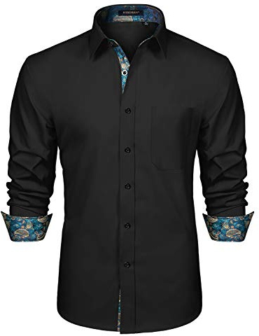 HISDERN Men Fashion Button Down Shirt Classic Collar Long Sleeve Button Down Fashion Slim Fit Casual Formal Black Funeral Shirts Noir-1 L