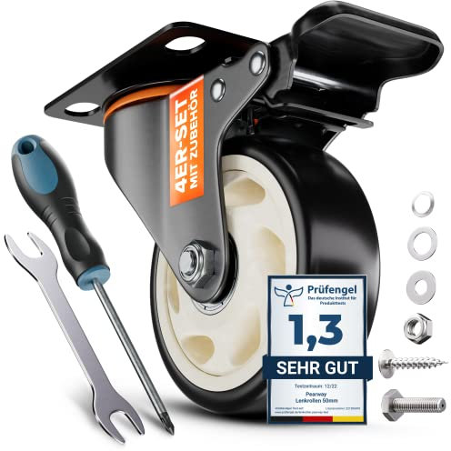 PEARWAY™ Schwerlastrollen 100mm - Tragkraft bis 600kg [4x Bremse] - extra leise & langlebig - Lenkrollen für Werkstatt, Möbel & Outdoor - Möbelrollen - Transportrollen Schwerlast - Rollen Schwerlast