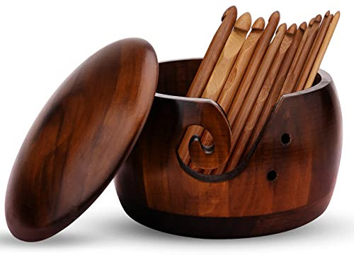 Wooden Yarn Bowl with Lid Handmade Yarn Bowl Holder with 12 Pieces Bamboo Crochet Hooks for Crocheting Knitting Accessories DIY Crafts Gift for Women (Pine Wood)