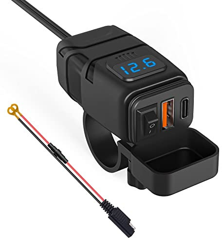 Kriogor Chargeur de moto, type C PD et QC3.0 Prise USB pour voiture 12 V/24 V étanche avec interrupteur et voltmètre LED pour SUV marin Bateaux (Bleu : USB + Type C)