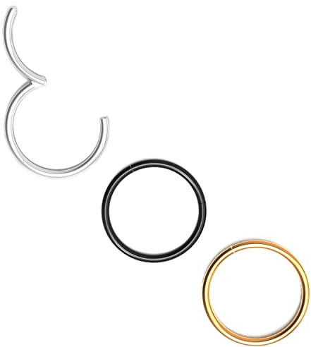 Body CAC 3 Pièces-0.8mm×8mm Femme Acier Chirurgical Anneaux de Nez à Charnière Oreille Inoxydable Piercing Helix Cartilage Tragus Boucles D'oreilles,Doré/Argenté/Noir