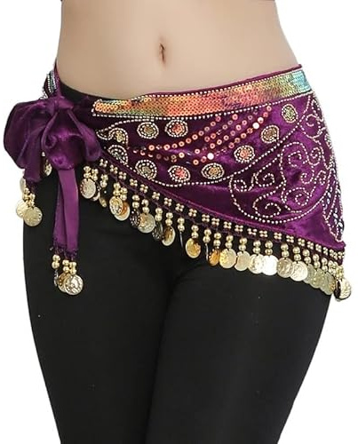 Sciarpa dell'anca di danza del ventre con ricamo di perline 6 donne di colore monete di danza del ventre orientale cintura lezione di usura pratica decorazione del costume ( Color : Viola , Size : M )