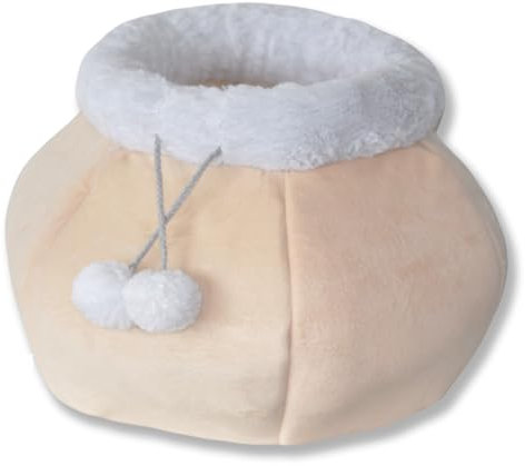 Katzenhöhle und Katzenbett 2 in 1 –beige– kann als Katzenhöhle oder auch als Katzenbett/-körbchen verwendet Werden – mit Antirutsch Boden für einen sicheren Stand und Flauschigen Bällchen zum Spielen