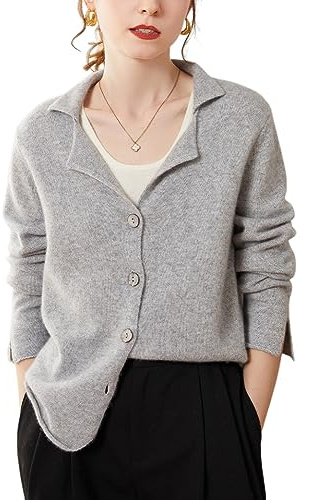 DISSA Gilet Cachemire Femme Revers Gris Clair Solide Couleur Tricoté en Vrac Manches Longues épais Cardigan en Cachemire et Laine,42,SPR2218