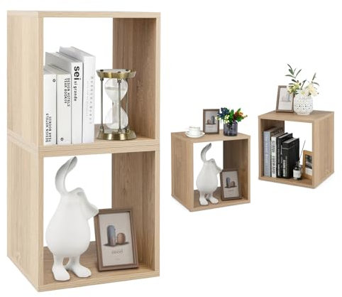 KOMFOTTEU 2er Regalwürfel, Stapelbare Aufbewahrungswürfeln Holz, Bücherregal Cuberegal mit Kippschutz, Würfelregal 38x33cm freie Kombination, Quadratisches Regal für Wohnzimmer Schlafzimmer Büro