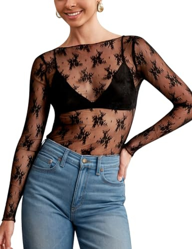 KTILG Mesh Shirt Black Club Outfits for Women Sexy Clubwear See Through Crop Tops Boat Neck Lace Sheer T-Shirt M
