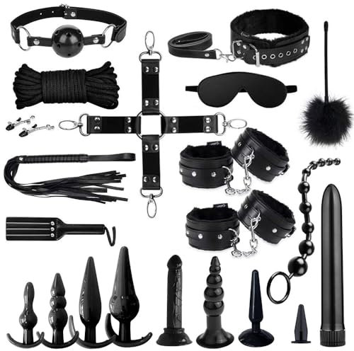 GKLWEJ BDSM Kit Bondage 21 Pezzi, Manette Sexyshop Nere Manette Bondange Plug Anale da Donna, Sex Toys Coppie Manette Sexy Adulti Butt Plug Set