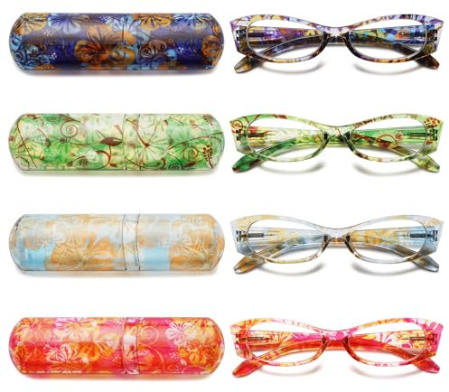 VEVESMUNDO Damen Lesebrillen mit Etui Katzenaugen Blumen Kompakt Lesehilfe Sehhilfe Brillen für Unterwegs (4 Stück Blumen Lesebrillen Set,+3.5)