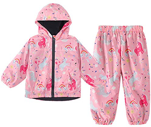 LZH Ragazzi Ragazze Impermeabile, Giacca Impermeabile con Cappuccio Cappotto Pantaloni Completi 2 PZ 4-5 anni