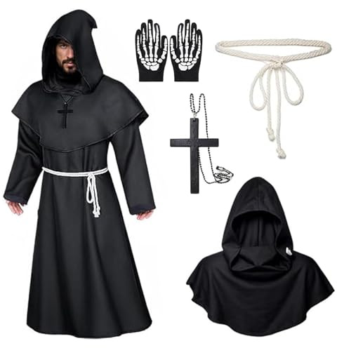 Costume da Monaco Medievale Abito Sacerdote,Costume Monaco,monaco costume,costume frate uomo,Con Cappuccio Corda In Vita E Collana A Croce,Costumi carnevale Adulti,per Halloween Carnevale Cosplay(XL)