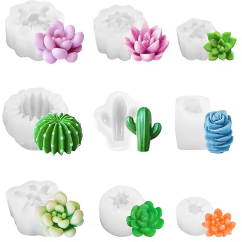 Stampi per Candele，9pcs Stampi in Silicone per Candele，Set di stampi in silicone per cactus e piante grasse e Fiori, Per realizzare candele per aromaterapia, Stampi per sapone e fiori di candela