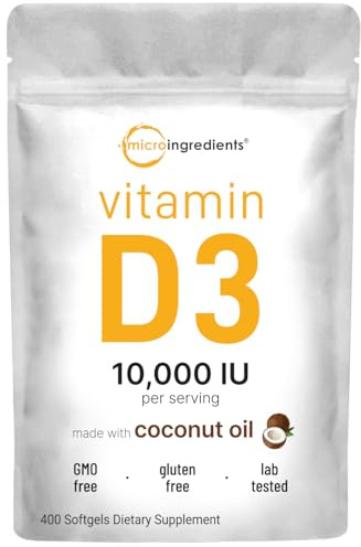 Micro Ingredients Vitamin D3 10,000 IU, 400 Softgels | Virgin Coconut Oil | Cholecalciferol Form | Bone, Immune & Heart Support | Easy to Swallow, Non-GMO