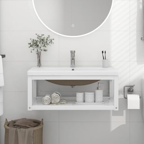 Outdoor Furniture-Bathroom Washbasin Frame with Built-in Basin White Iron-Furniture