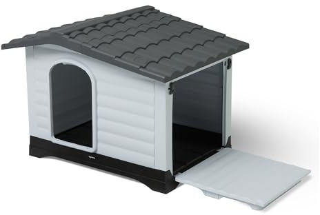 Amazon Basics Plastic Dog House for Small & Medium Dogs - Easy to Assemble & Detachable Structure, Indoor/Outdoor Use, Elevated Floor, Durable & Waterproof, Side Door Access, Undulating Roof Design