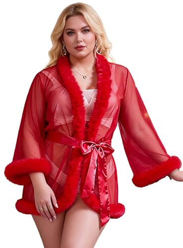 ohyeahlady Vestaglia Donna Sexyhot Taglie Forti Kimono Corto con Piume Accappatoio Morbido Camicia da Notte Estiva Curvy Pigiama Sexyhot Costume da Bagno Abito Intimo Curvy Lingerie