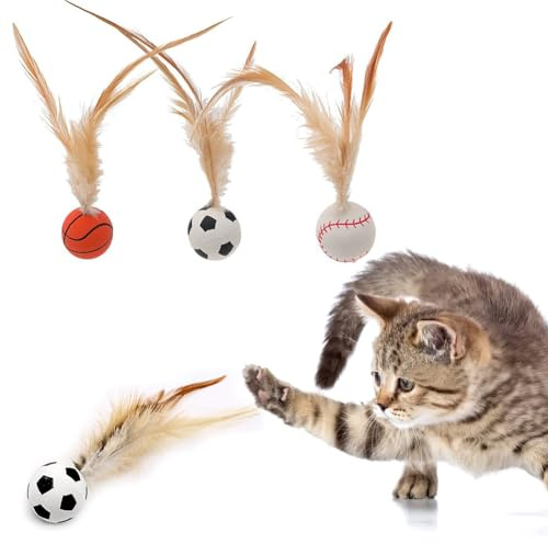 Vibbang 3 Piezas Pelotas Saltarinas con Plumas para Gatos, Juguetes con Cola Saltarina para Gatos Domésticos, Pelotas Interactivas para Gatos, Juguetes y Regalos para Perros (A)