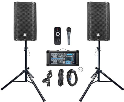 PRORECK DELTA 10 1800W Bluetooth PA Speaker System with 4-Channel Powered Mixer, 2 10-Inch Passive Speakers, Stands, Reverb Effects, and 15V Phantom Power. Perfect for DJs, Bands, Karaoke, Live Events