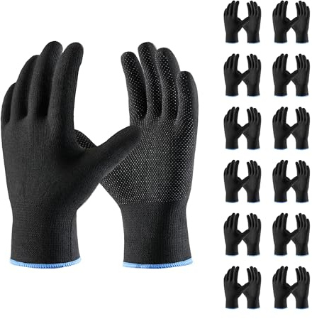 COOLJOB 12 Pairs Baumwollhandschuhe mit Noppen für Herren und Damen, Atmungsaktiv & Strapazierfähig, Arbeitshandschuhe für Lager, Garten, Transport und Montage (Größe 8, Schwarz)