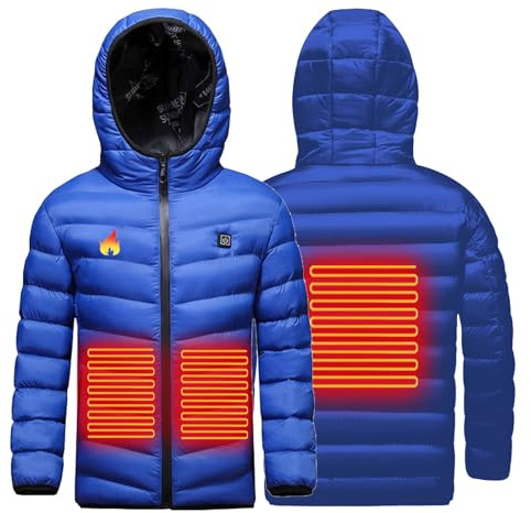 Veste Chauffant Electrique Enfants Garçons Filles Manteau Doudoune Chauffant avec 3 Zones de Chauffage avec Manches Longues et Capuche pour Le Travail en extérieur Tenue Quotidienne Ski Équitation