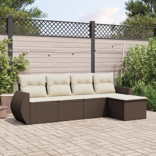 LoogCape Ensemble de canapé de jardin 5 pièces en polyrotin marron avec coussins blanc crème - Groupe de sièges d'extérieur modulaire pour terrasse, balcon, véranda