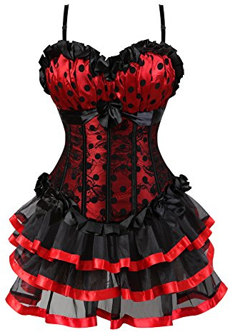 Grebrafan Gothic Polka DOTS Corset with Multi Layer lace Skirt (UK(6-8) S, Red)