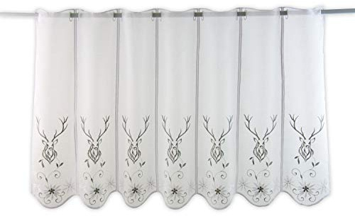 Scheibengardine Hirsch Bestickt | Höhe 45/60cm | Breite der Gardine frei wählbar in 15,5cm Schritten | Gardine | Panneaux weiß | (Höhe 60cm)