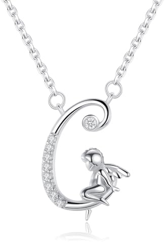 VIKI LYNN Collier Initiale pour Femme en Argent Sterling 925 Alphabets Lettre C et Collier Ange