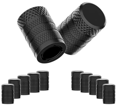 CKAuto Tire Valve Stem Caps, Black, 10 pcs/Pack, Anodized Aluminum Tire Cap Set, Corrosion Resistant, Universal Stem Covers for Cars Trucks Motorcycles SUVs and Bikes