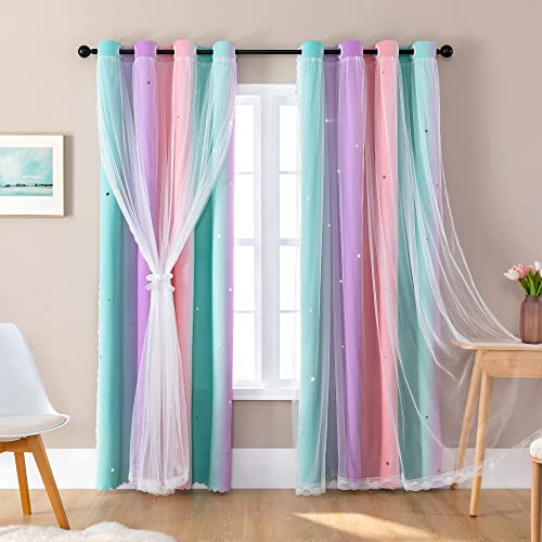 XiDi Rideaux pour Chambre de Fille et d'enfant, thème Licorne, Princesse, décorations murales, 132,1 x 160 cm (l x L), Rose, Violet, Vert