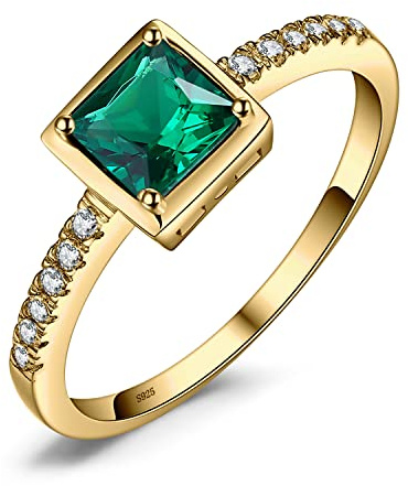 JewelryPalace Square Cut 1ct Created Simulated Emerald Solitaire Rings for Her, 14K Yellow Gold 925 Sterling Silver Promise Ring for Women, Gemstone Jewellery Sets Rings 7