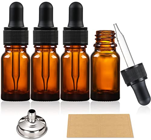 4 x 10ml Amber Brown Glass Bottles with Dropper Pipettes - Come with 1 Stainless Steel Funnel & 4 Lables - Tincture Dropper Bottles for Essential Oils, Aromatherapy Blends, Liquids