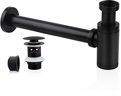 EXLECO Siphon de Lavabo en Acier Inox 1 1/4 x 32mm Bonde de Salle de Bain Réglable en Métal Noir