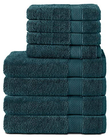 Komfortec 8er Handtuch Set aus 100% Baumwolle, 4 Badetücher 70x140 und 4 Handtücher 50x100 cm, Frottee, Weich, Towel, Groß, Petrol