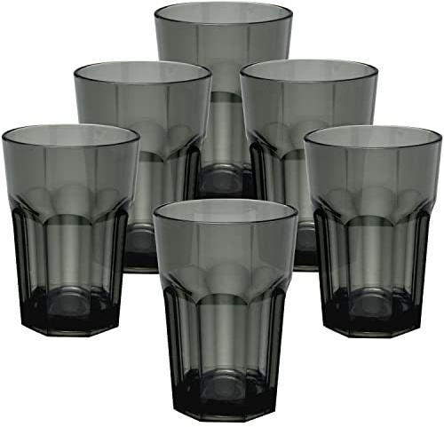 Hummelladen 6x Campingglas aus Acryl 400ml GRAU - Trinkglas Acrylglas Wasserglas Kunststoff Camping Garten Echtglasoptik Picknick Becher Kinder Senioren Longdrink Coktail
