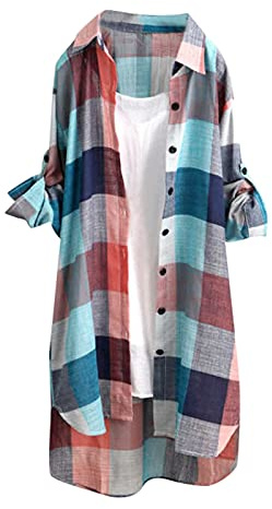 MODSGUE Traditional Blouse Women's Checked Long Top Plaid Shirt Dress Classic Fit Sporty Activewear For Sports & Everyday Long Sleeve Checked Shirt Plaid Fitness Shirt, multicoloured, XXL
