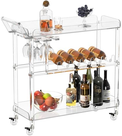 HMYHUM Acrylic Bar Cart with 4 Lockable Wheels, Clear Serving Cart with Wine Rack and Glass Holder, Rolling Beverage Cart for Home, Kitchen, Dinning Room, 33.7 L x 13 W x 34.8 H