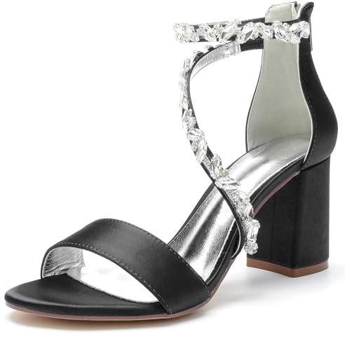 Satin Wedding Shoes Open Toe Zipper Rhinestone Bridal Shoes Women Mary Jane Low Heels Pumps Wedding Dress Shoes Black