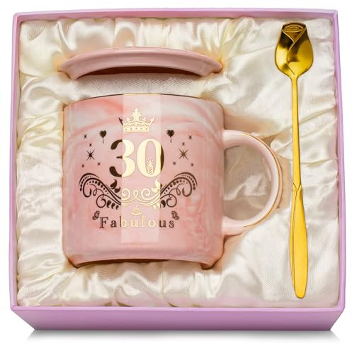 30 Geburtstag Frauen, Geschenk 30. Geburtstag Frau Tasse, 400ml Becher mit Golddruck, Lustige Geschenke für Frauen 30 Jahre Marmorierte Keramik Kaffeetasse, mit Deckel, Löffel, Grußkarte, Geschenkbox