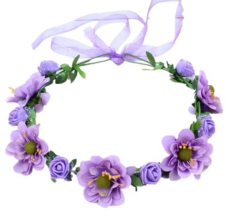 QHFlashbuy Couronnes de Fleurs Bandeau,Mariage Floral Bandeau Bohême Nuptiale Fleur Couronne avec Ruban pour Filles Fête Mariage Voyage(Purple）