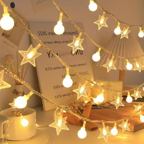 Star Fairy String Lights, Battery Operated Globe Star Lights, Christmas Ball Light Chain, LED String Fairy Light for Bedroom Wedding Birthday Party Outdoor/Indoor Decorations (6m 40LED, Warm White)