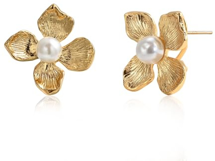 Teppdfann Imitation 14K Gold Plated Flower Stud Earrings for Women, Pearl and Floral Earrings for Valentine's Day Spring Gift