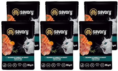 Savory - Katzenfutter Nass - Katzennassfutter - für Kätzchen - Lachs & Karotte - Weiche Fleischstücke, mit Taurin, Vitamine E, D3, Zink - Nassfutter 6er-Pack (6x85 g)