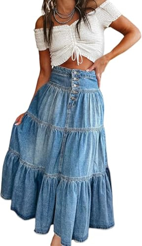 LLECDASEUI Jupes Longues en Jean pour Femmes Taille Haute Bouton-Fly plissé à Volants Maxi Jupe en Jean été fluides Jupes à Plusieurs Niveaux a-Line (Bleu,M)