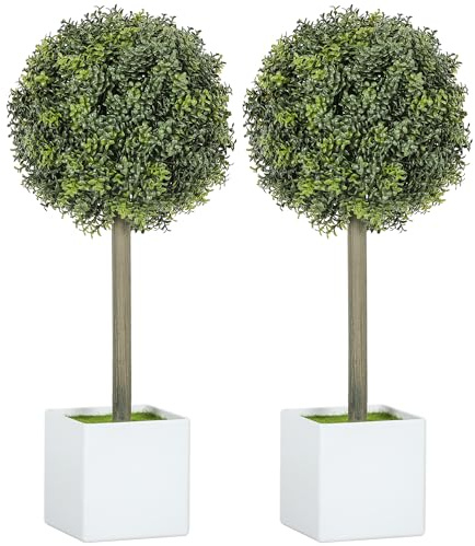 HOMCOM Juego de 2 Bolas de boj Artificiales de 45 cm, Plantas Artificiales de plástico en Maceta, Resistentes a los Rayos UV, como auténticas, para salón, Dormitorio, Oficina, jardín, decoración
