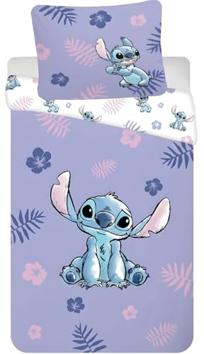 Disney Lilo & Stitch-sängkläder för juniorer, påslakan, 100 x 135 cm, örngott, 40 x 60 cm, 100 % bomull, mjukt och ventilerande, tropisk hibiskusdesign med Stitch, barnsängkläder