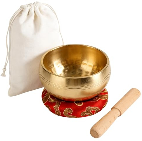 HONYUET Tibetanskt sångskålsset, 8 cm liten mini sångskål av mässing, handhamrad med trästav kudde tygpåse, för meditation avkoppling mindfulness stressminskning tröst gåvor