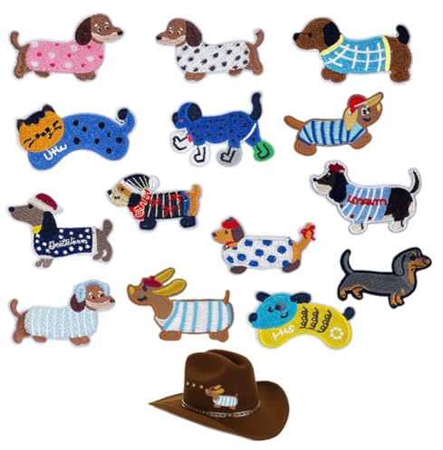 WUFKOP Set di 14 Toppe Ricamate con Motivi Dachshund, Toppe Termoadesive da Stirare per Decorare e Riparare Abbigliamento, Zaini e Progetti Fai da Te