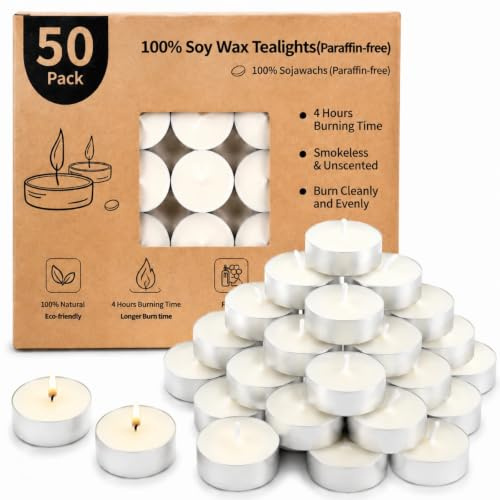 50 velas de té de 4 horas de combustión, 100 % cera de soja, velas de té de soja, color blanco, sin fragancia, veganas, pequeñas velas de soja, cubiertas de aluminio, para bodas, fiestas y