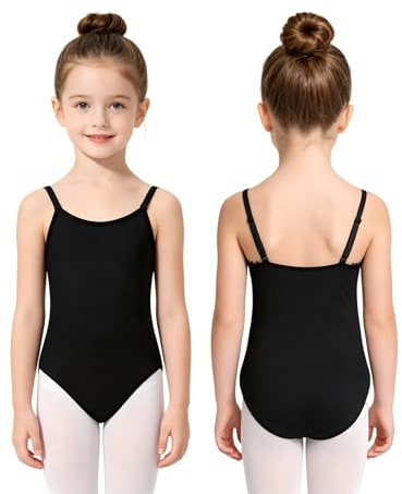 JoyBound Girls Ballet Camisole Leotard – Black & Nude & Purple Seamless Ballet Dance Gymnastics Leotard with Adjustable Straps, Crossed Back, Sizes 3-13 Years (Black, 9-10 Years)